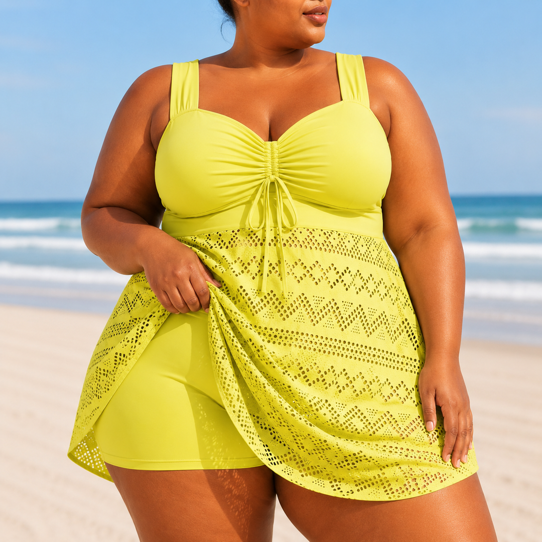 Versatile plus size swim dress for women, elegant beachwear and modest swimwear, great for resort and vacation.