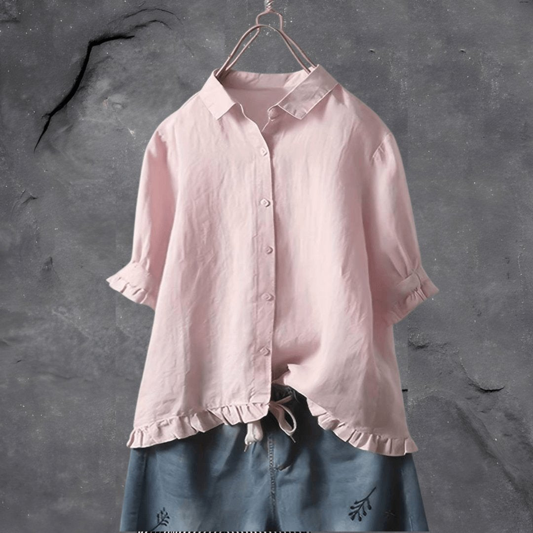 Versatile women's plus size collared shirt with ruffled details, short sleeves. A stylish button-front top for curvy.