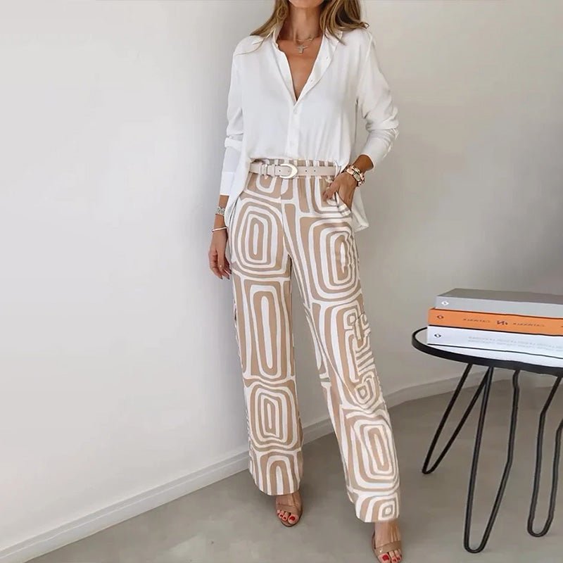Women's plus size two-piece set: elegant button-up shirt & geometric patterned pants for smart casual wear.