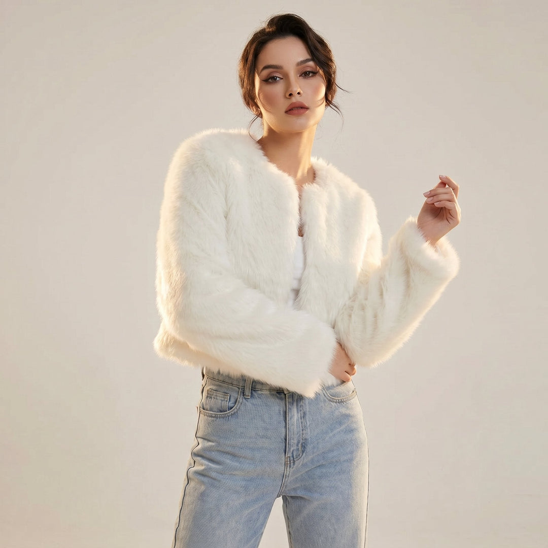 Chic women's cropped faux fur jacket, perfect versatile outerwear for day or evening.