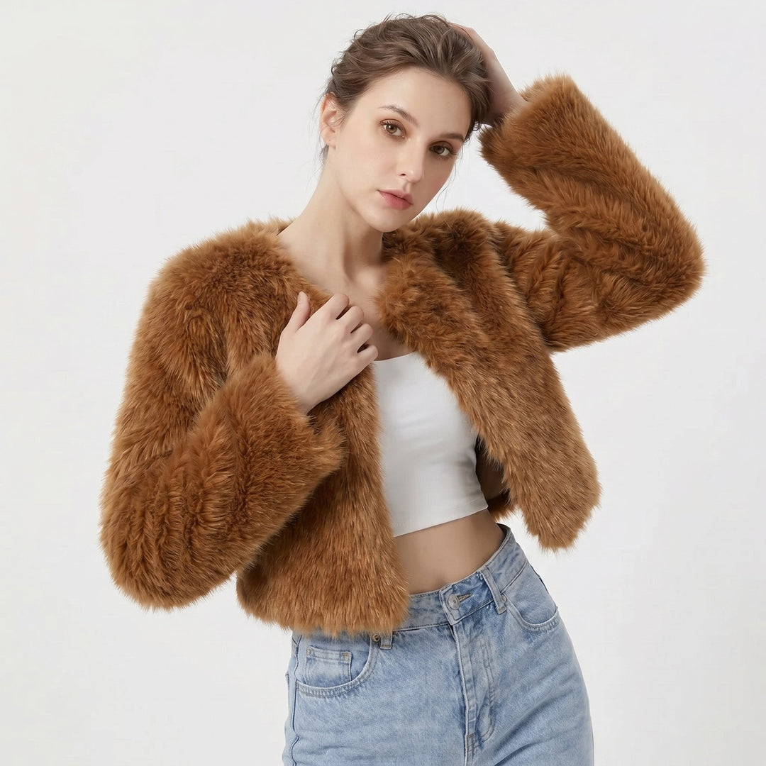 Elegant women's cropped faux fur jacket, perfect for chic evening wear or stylish daywear.