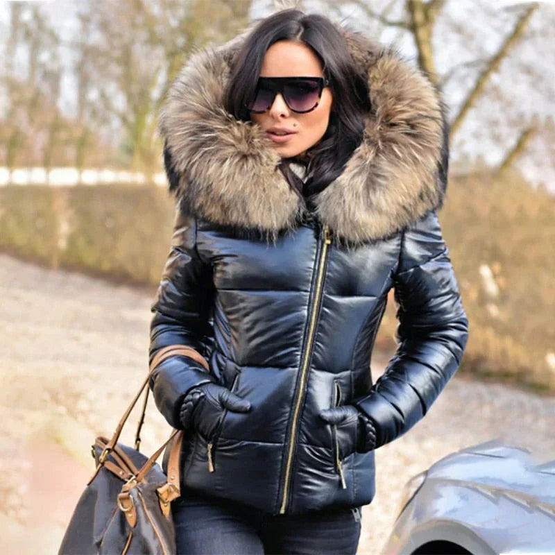 Women's plush faux fur hooded puffer jacket, warm winter outerwear.