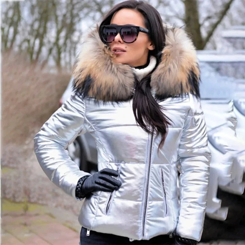 Women's hooded puffer jacket, plush faux fur lining for ultimate cold weather comfort.