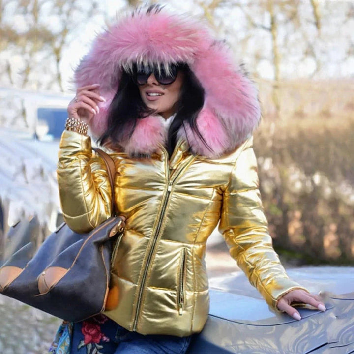 Cozy women's faux fur hooded puffer jacket, stylish quilted outerwear for cold days.