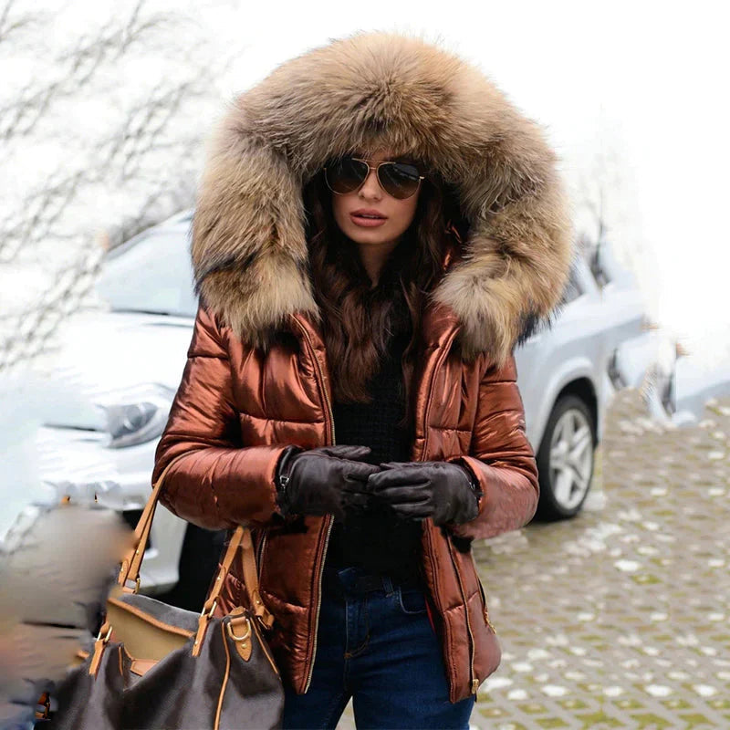 Fashionable women's plush faux fur trim hooded puffer jacket, warm winter outerwear.