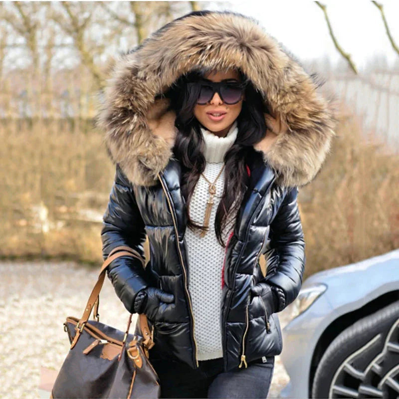 Plush faux fur hooded women's puffer jacket, essential warm winter outerwear.
