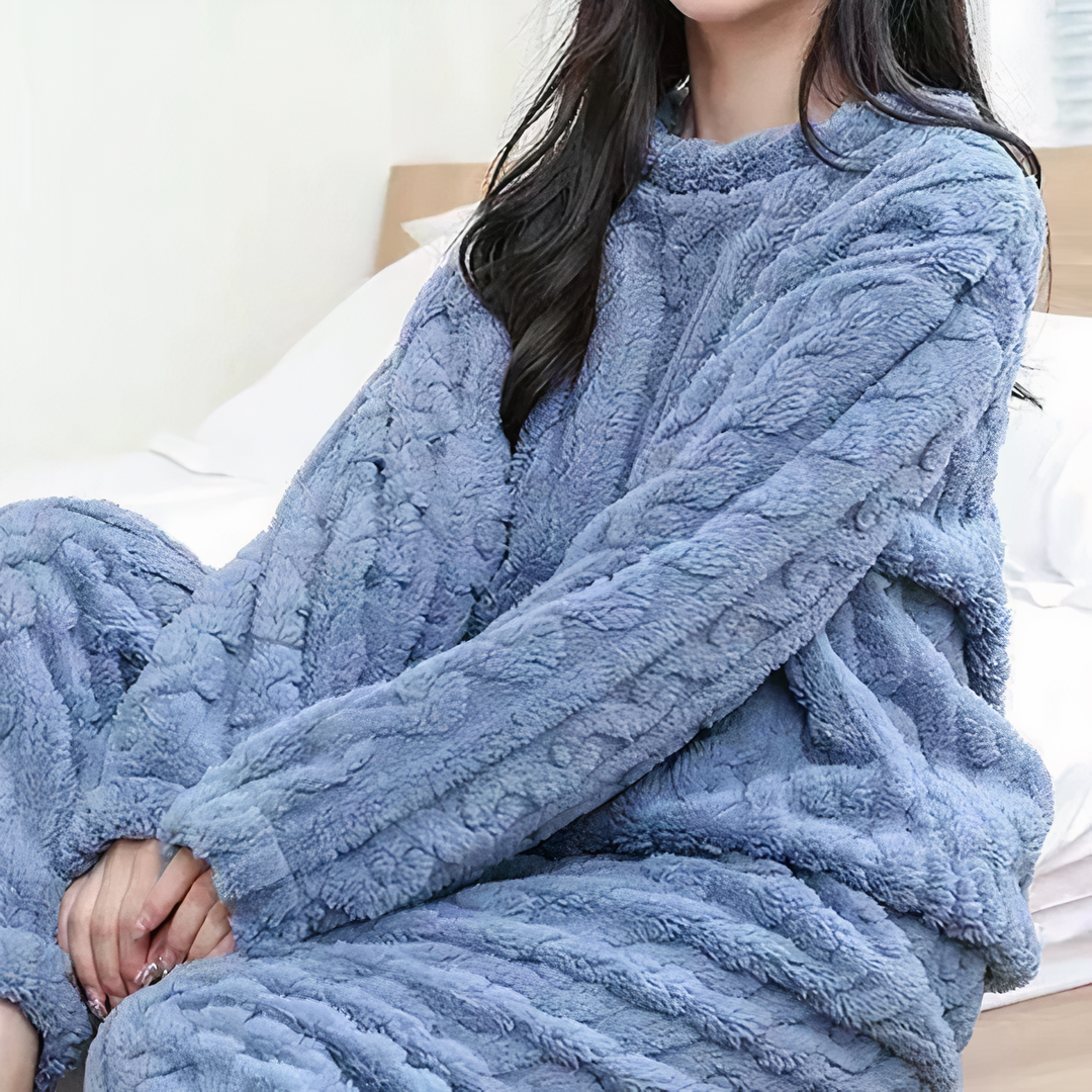 Plus size women's plush fleece pajama set, ultimate cozy comfort sleepwear. Warm for winter nights.