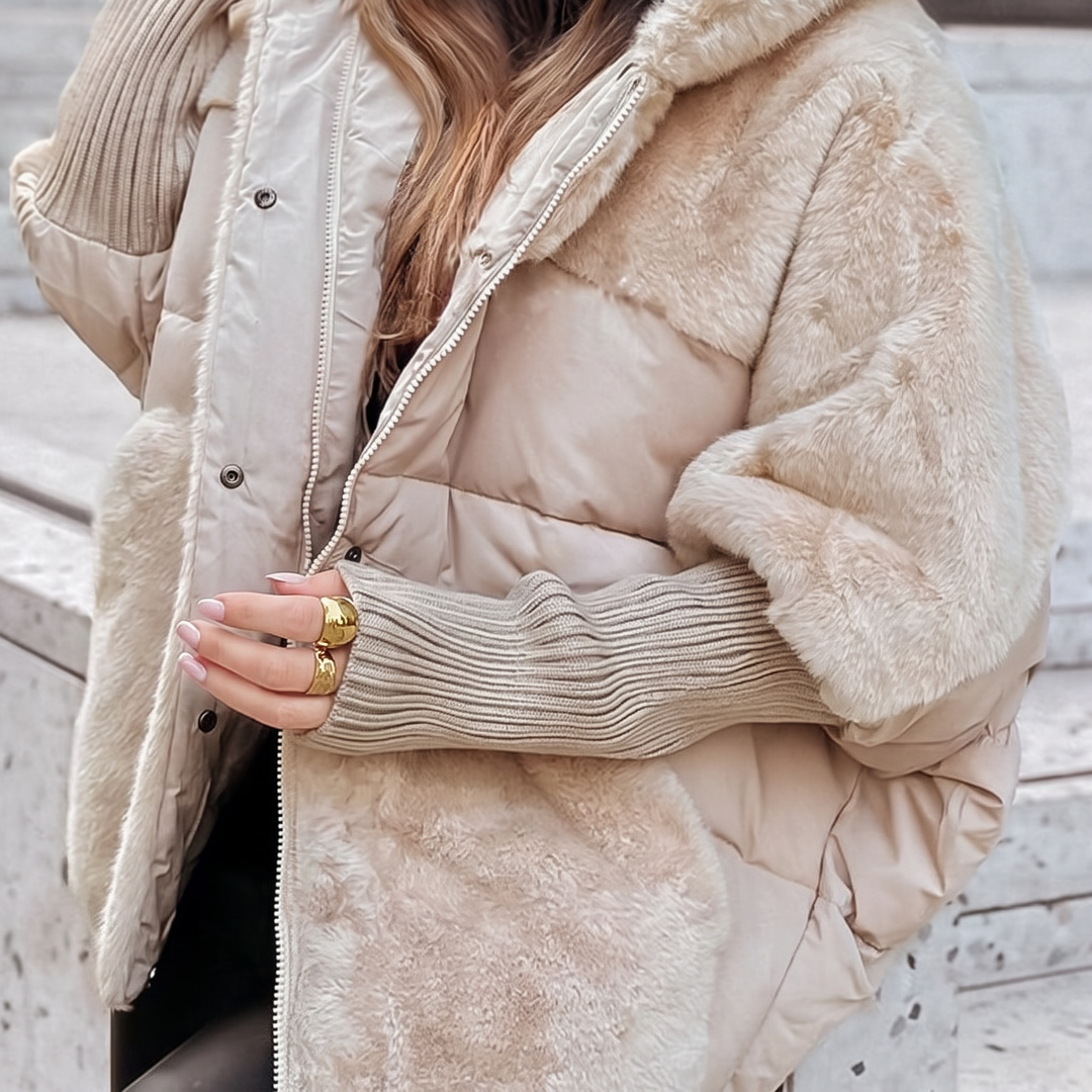 Women's plush hooded coat, a cozy and chic winter outerwear. Warm, fashionable, and elegant for cold weather.