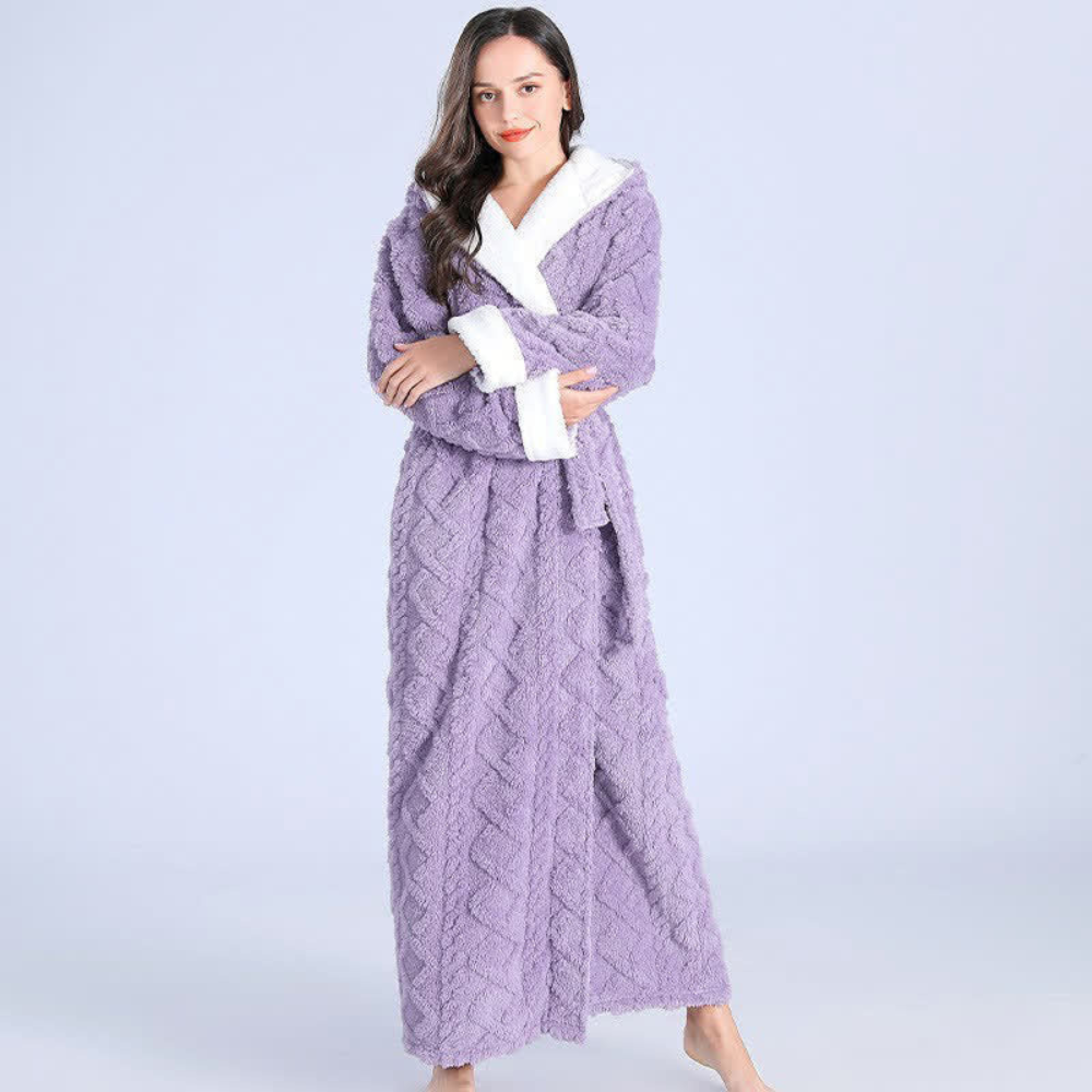 Comfortable women's winter robe, hooded and full-length. Soft flannel coral fleece for ultimate warmth & loungewear.