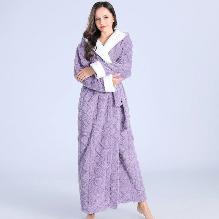 Comfortable women's winter robe, hooded and full-length. Soft flannel coral fleece for ultimate warmth & loungewear.