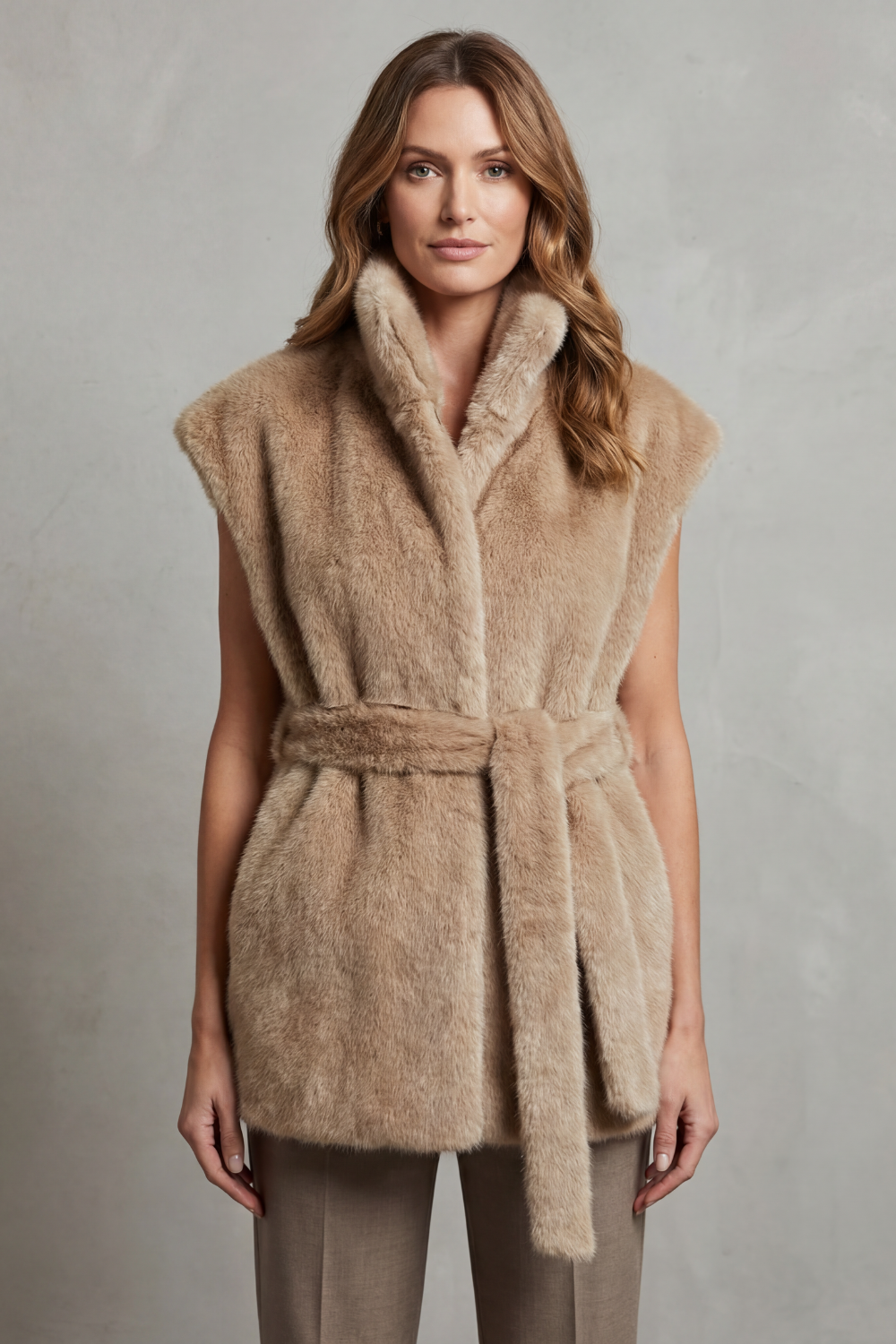 Cozy women's brown plush longline vest with a chic adjustable belt, ideal for elegant fall fashion.