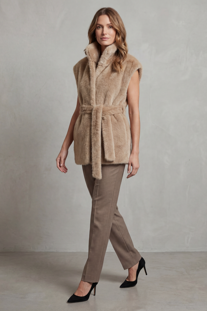 Elegant women's brown longline plush vest, a sophisticated layering outerwear piece with an adjustable belt.