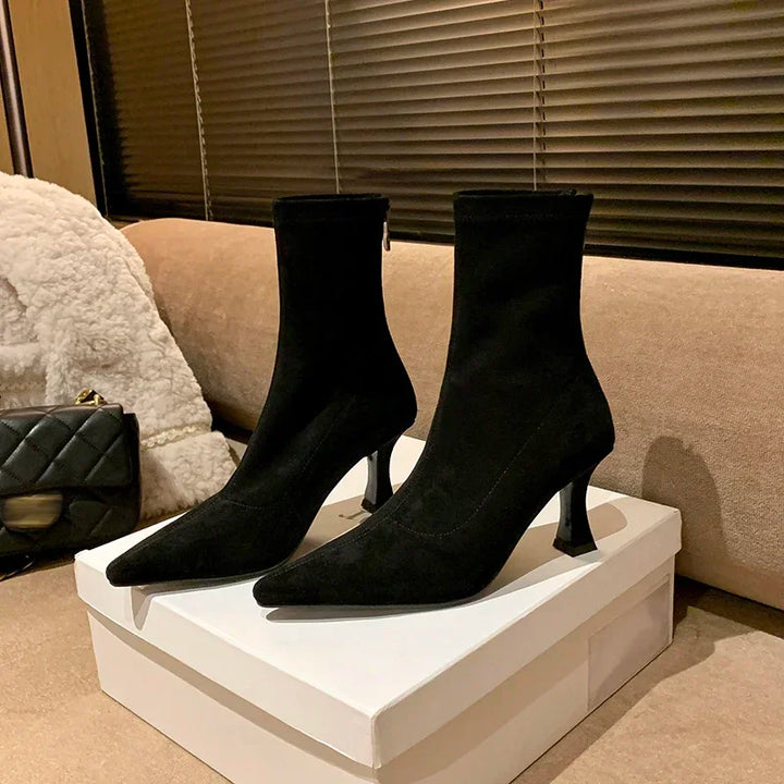 Must-have fall fashion: Women's pointed toe heeled ankle boots. Versatile mid-heel brown dress boots.