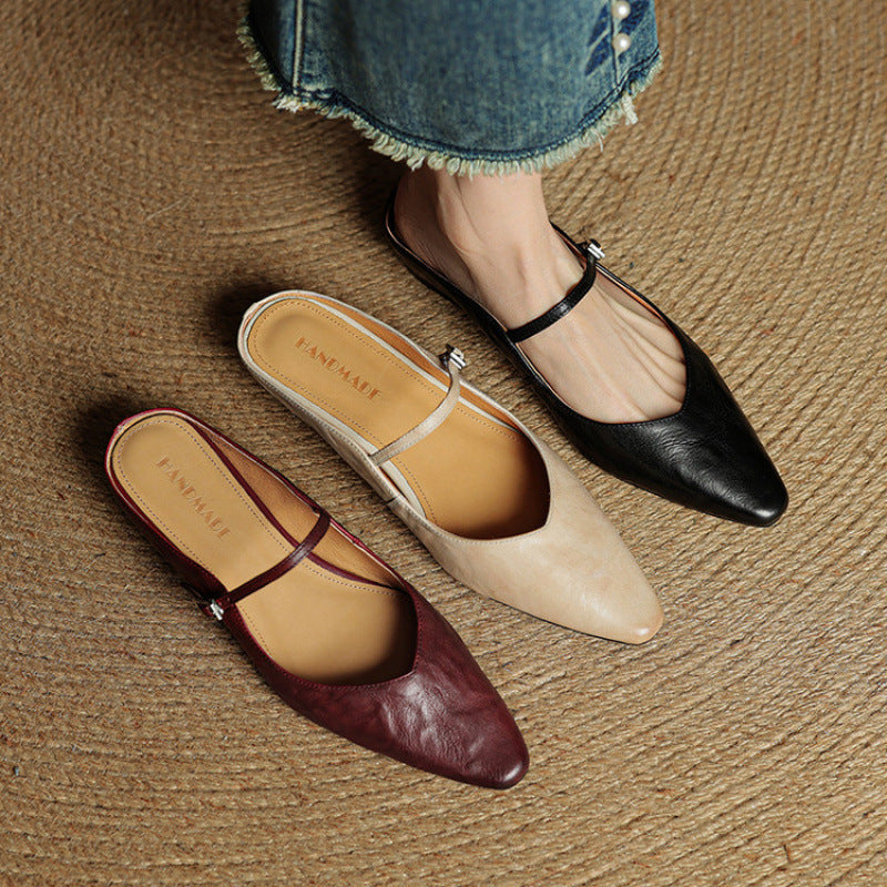 Women's versatile pointed toe flats, tan, slip-on mule style with a tasteful strap.