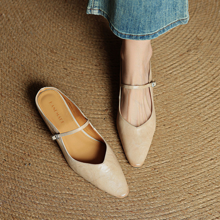 Comfortable women's pointed toe flats, easy slip-on mule design with strap.
