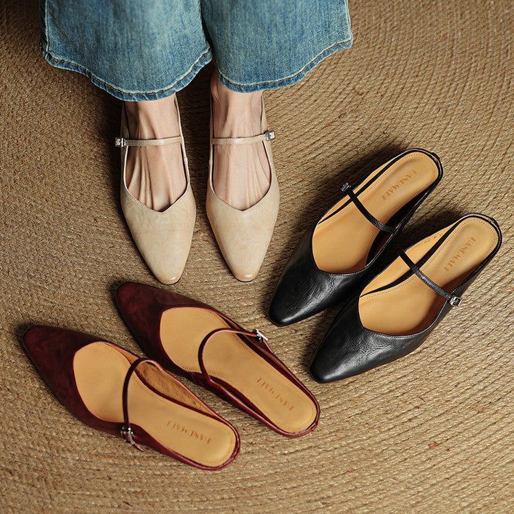 Fashionable women's pointed toe flats, sleek mule silhouette with a slim strap.