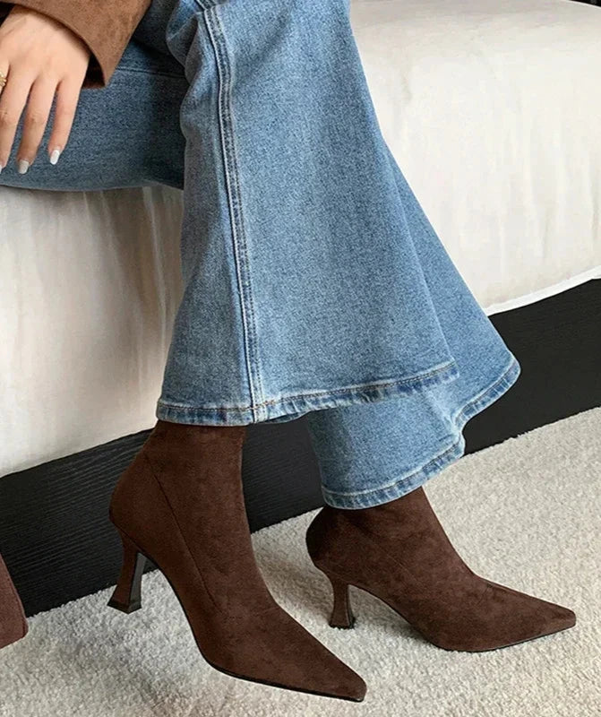 Women's pointed toe sock boots with sleek kitten heel. Comfortable pull-on ankle boots, versatile & elegant.