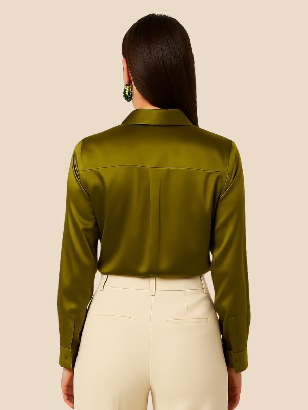 Professional women's button-down shirt, a polished long-sleeve top with a crisp pointed collar.