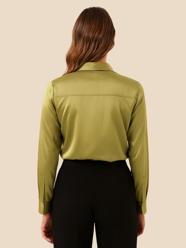 Chic women's long-sleeve button-down shirt, polished finish, and a sophisticated pointed collar.