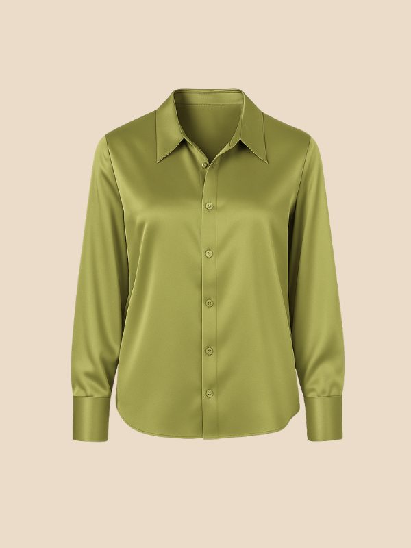 Elegant women's office top, a polished button-down long-sleeve shirt with a classic pointed collar.