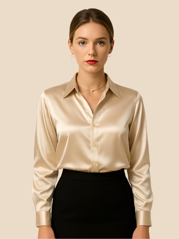 Chic women's long-sleeve blouse, a polished button-down top with a sophisticated pointed collar.