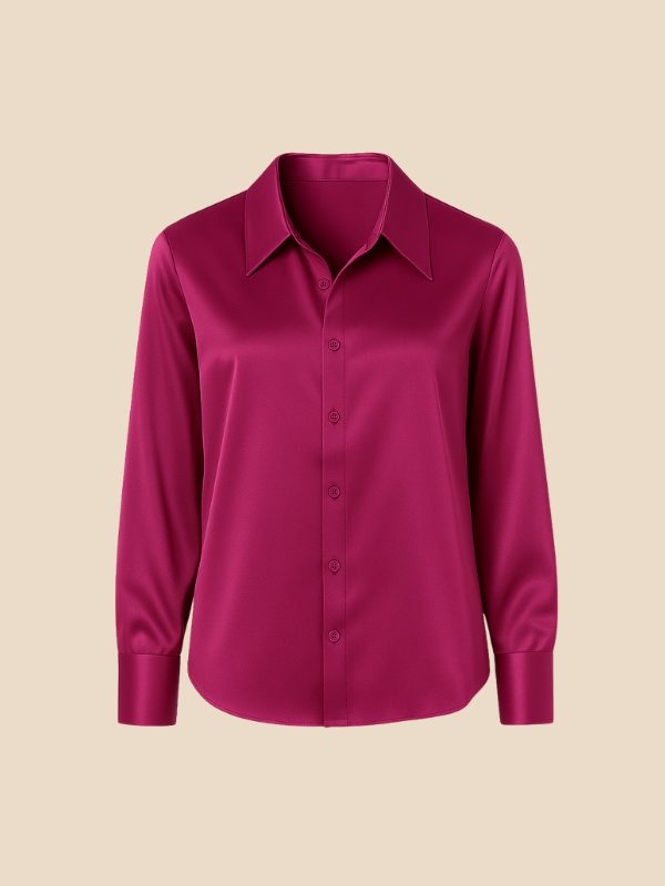 Professional women's polished shirt, button-down long-sleeve with a crisp pointed collar detail.