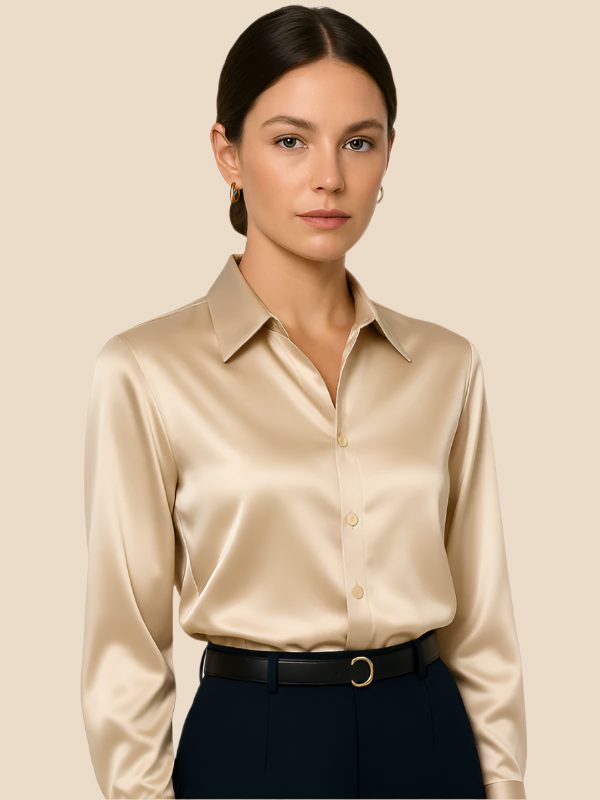Women's versatile button-down blouse, polished, long-sleeve, with a timeless pointed collar.