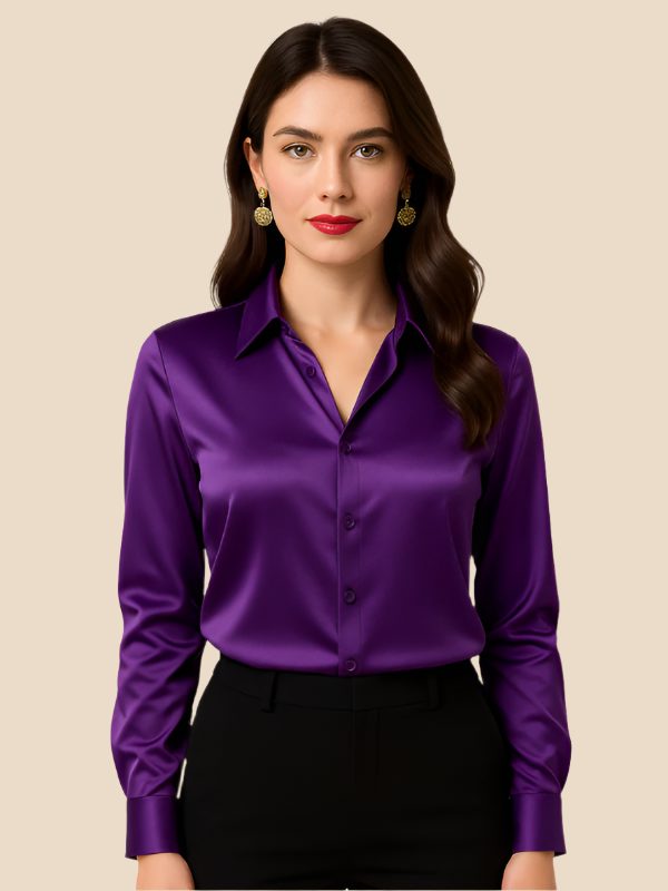 Classic women's button-down, polished long-sleeve blouse featuring a crisp pointed collar.