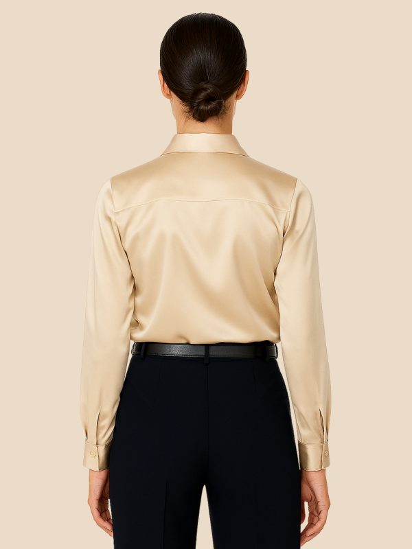 Sophisticated women's polished button-down, long-sleeve top with a refined pointed collar.