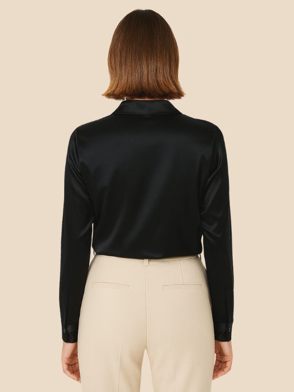 Chic women's office shirt, a polished button-down long-sleeve top with a classic pointed collar.