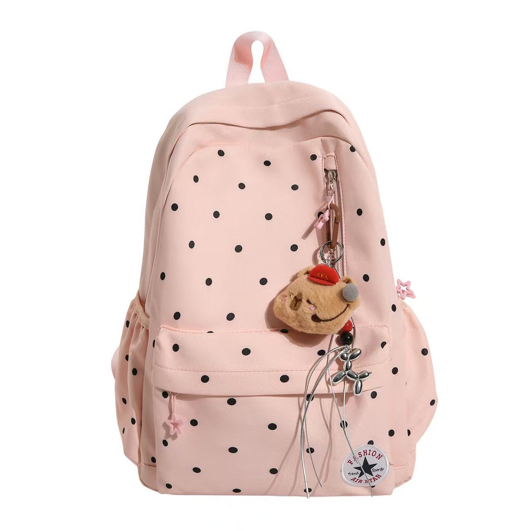 Stylish women's polka dot school backpack, embellished design, and charming accessory for daily use.