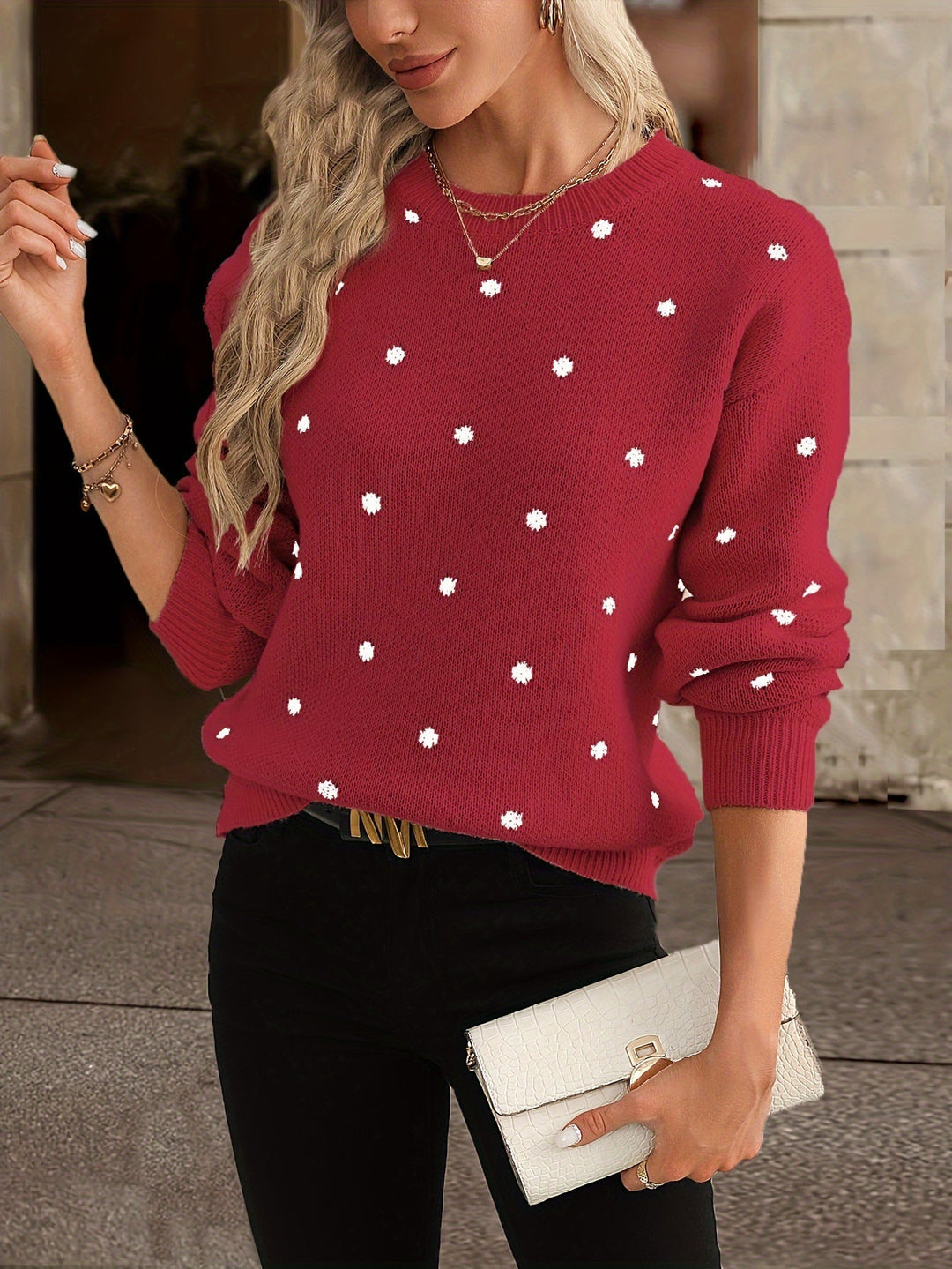 Chic women's polka dot long sleeve sweater, ideal for autumn and winter fashion.
