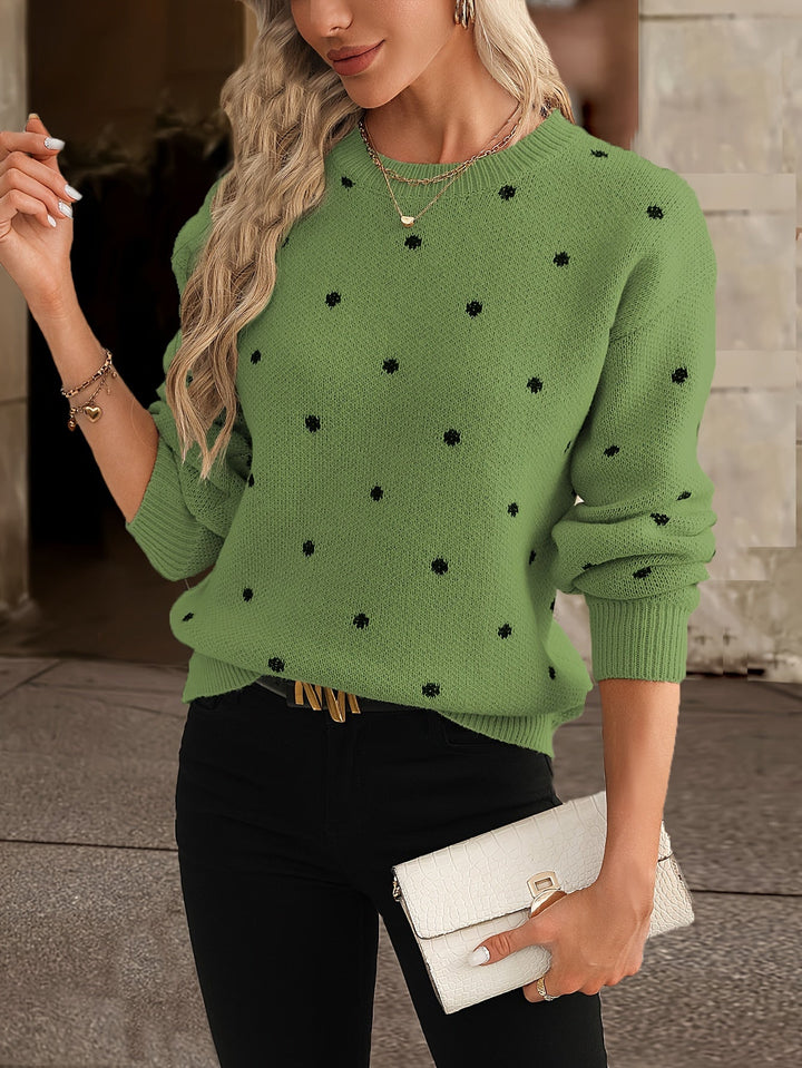 Stylish women's polka dot long sleeve sweater, a must-have for autumn & winter outfits.