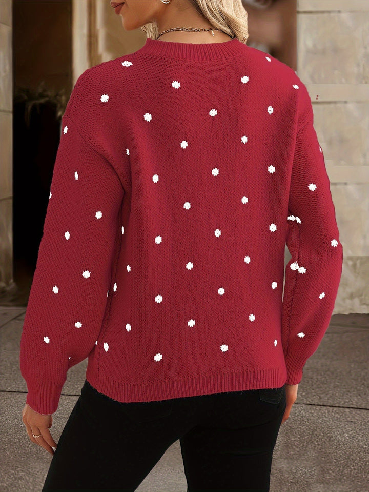 Casual women's polka dot long sleeve sweater, great for everyday fall and winter wear.
