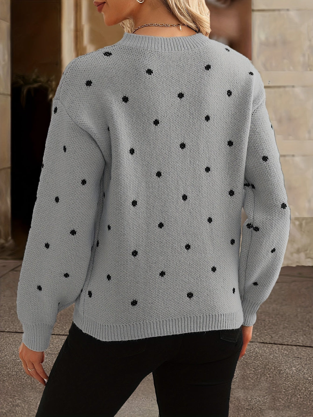 Women's warm polka dot long sleeve round neck sweater, fashionable for cold seasons.