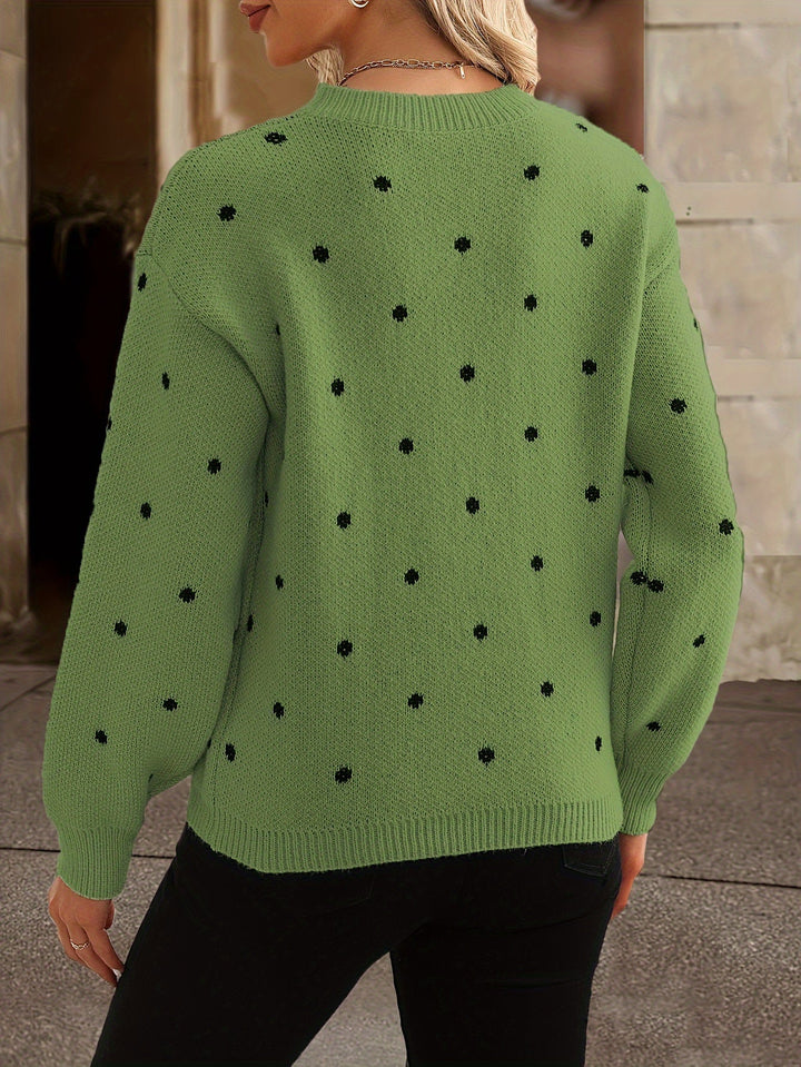 Trendy women's polka dot long sleeve sweater, perfect casual chic for fall-winter.