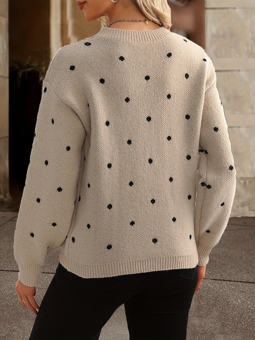 Versatile women's polka dot long sleeve sweater, cozy & stylish for autumn/winter.