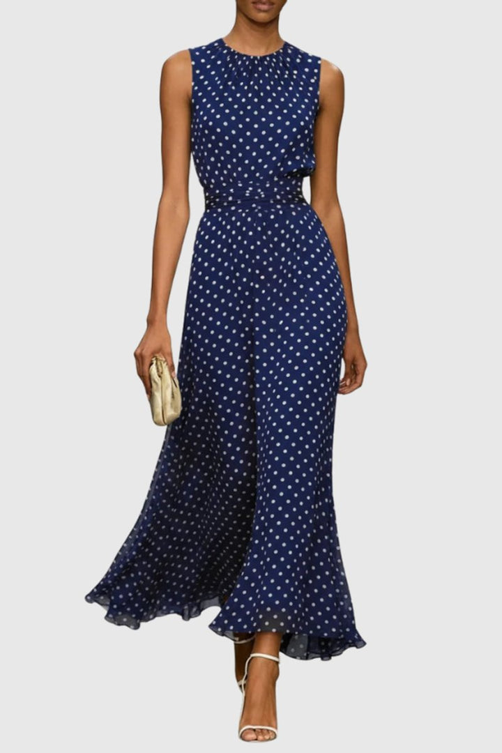 Stunning women's polka dot sleeveless maxi party dress, an elegant evening gown with a chic ruffle hem.