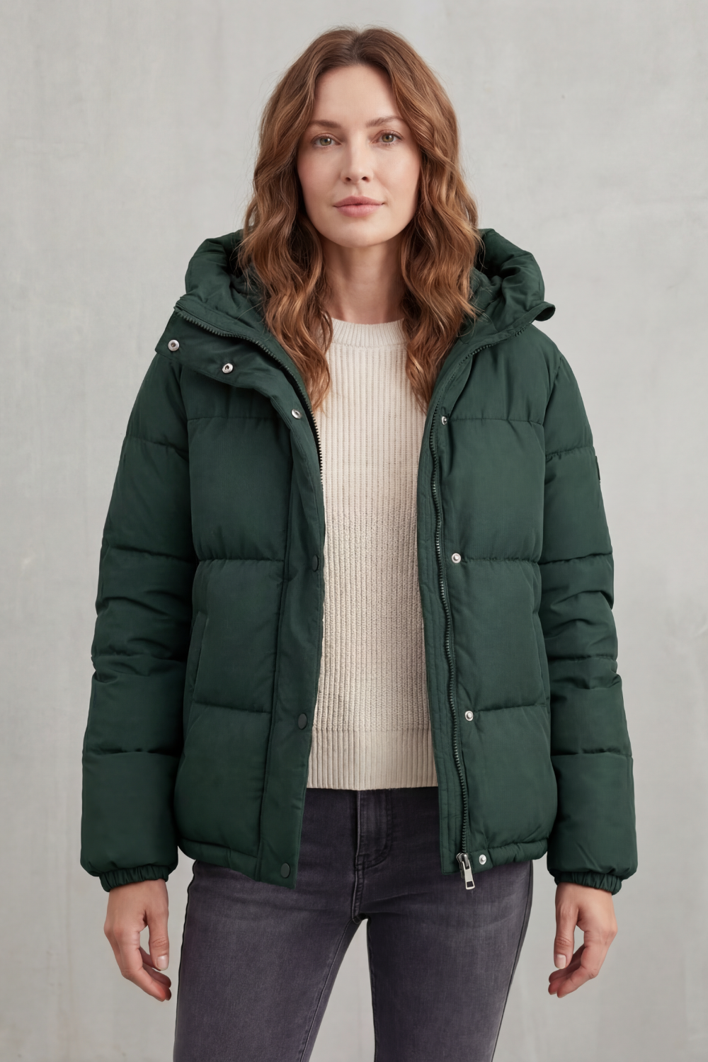 Women's black premium quilted puffer jacket, lightweight, warm, & stylish for winter fashion.