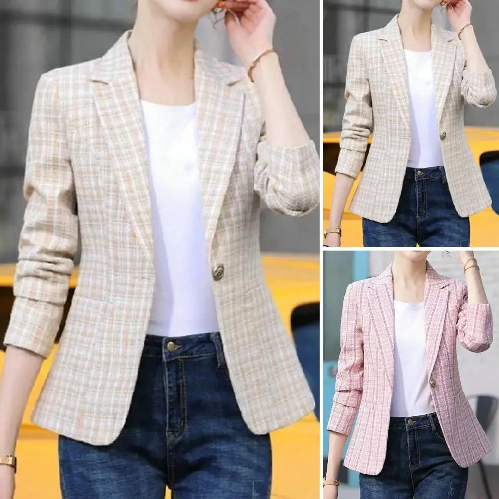 Women's premium checkered single-button blazer, tailored for an elegant and chic office wear look.