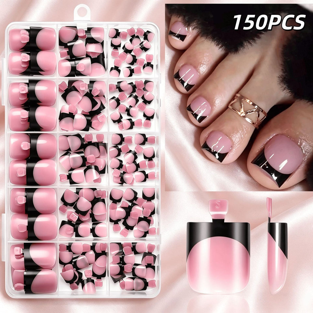 Women's premium false toenail kit for perfect DIY pedicures. Easy press-on fake nails for beautiful foot beauty.