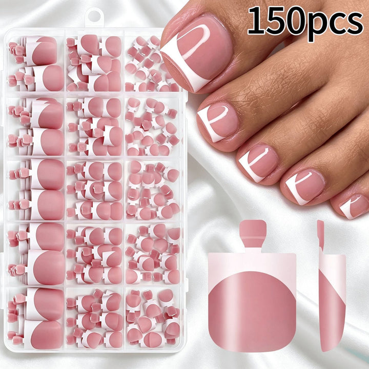 Natural-looking false toenails with white tips. Premium press-on fake nails for an elegant pedicure.