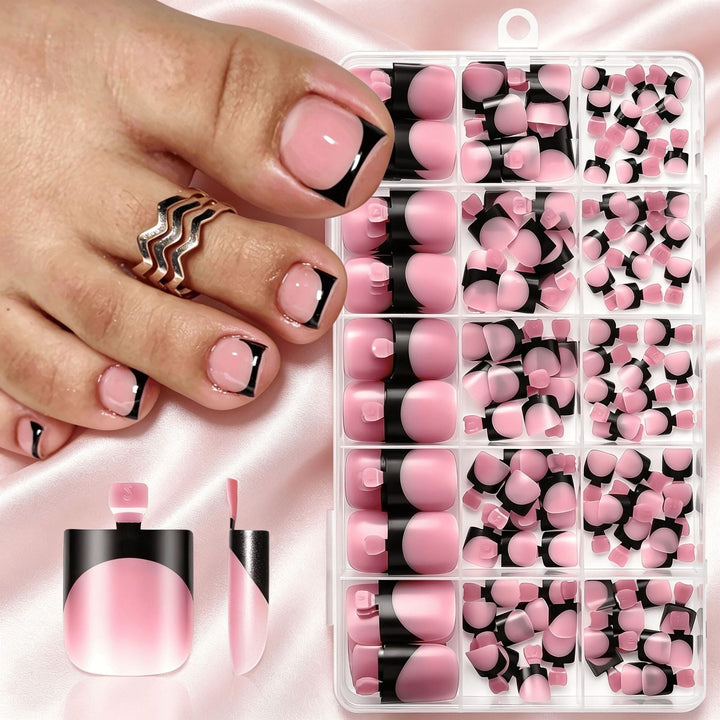 Press-on false toenails with natural look for convenient home pedicures. Premium nail care kit for women.