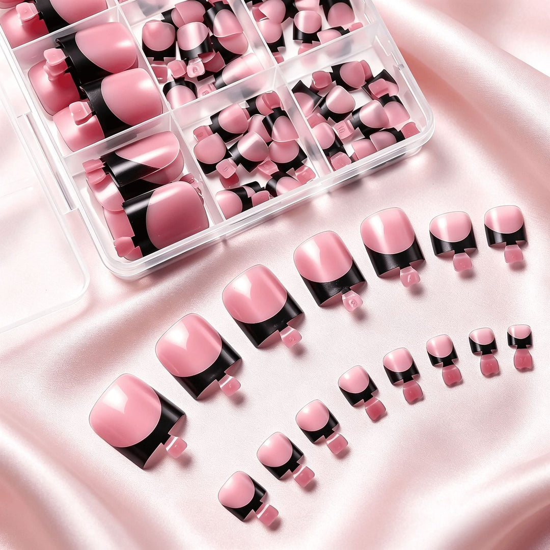 French tip false toenails kit. Elegant press-on fake nails for salon-quality pedicures at home.