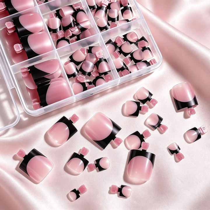 DIY pedicure kit with premium false toenails. Easy application press-on fake nails for foot beauty.