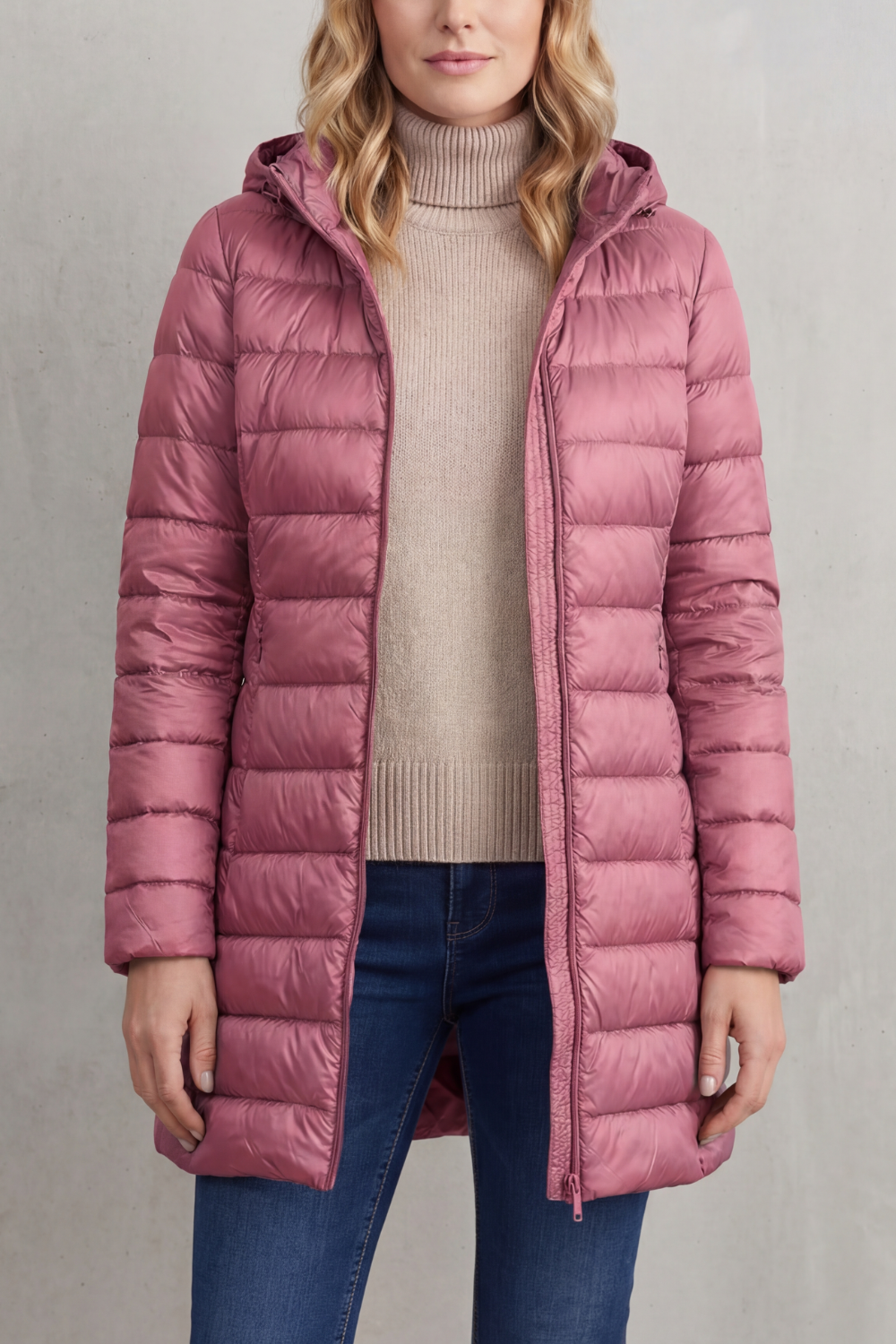 Modern women's hooded puffer. Lightweight design, ultra-warm insulation, and packable for sleek winter fashion.
