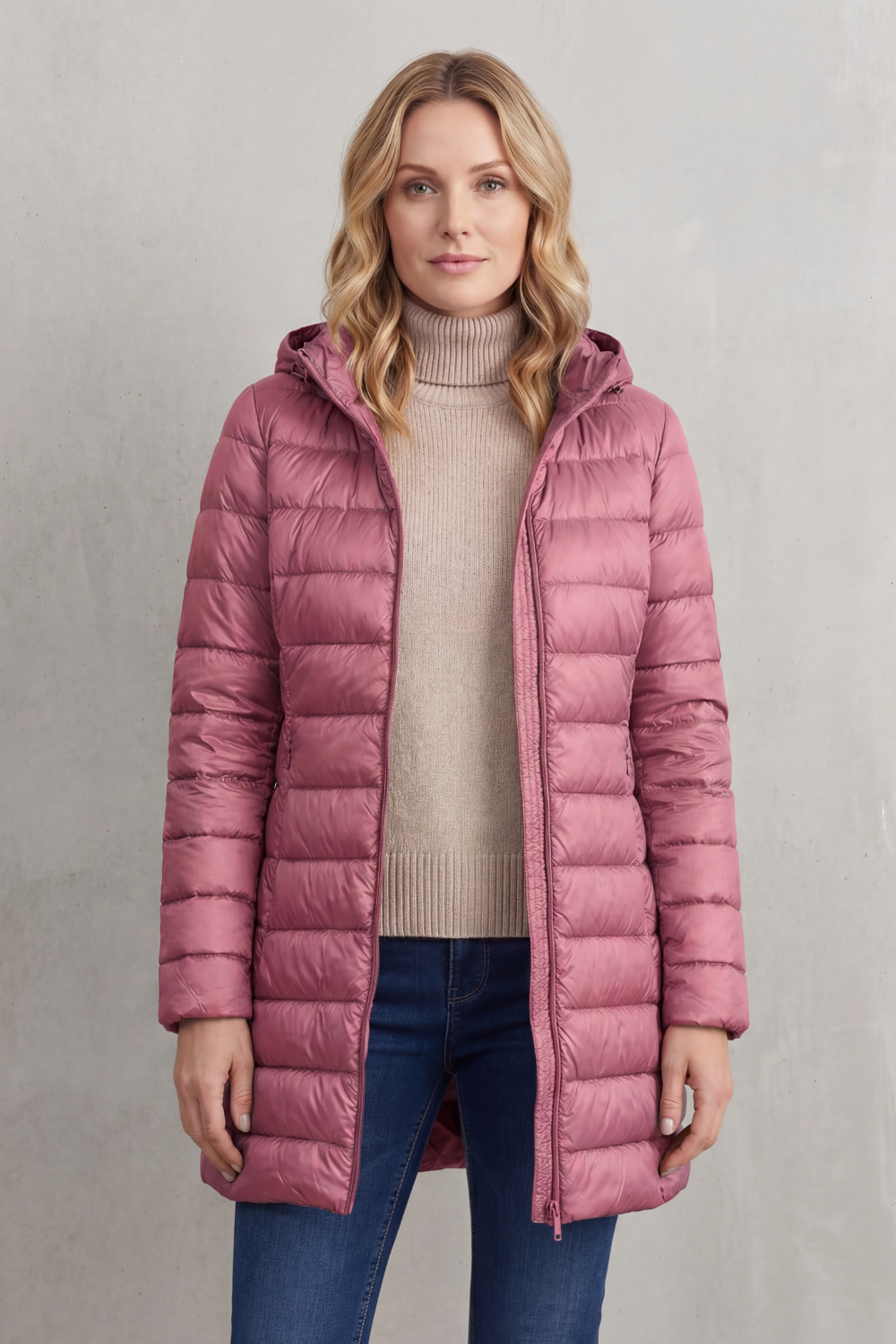 Detail of women's hooded puffer jacket, highlighting zipper & warm hood. Lightweight, packable, and premium quality.