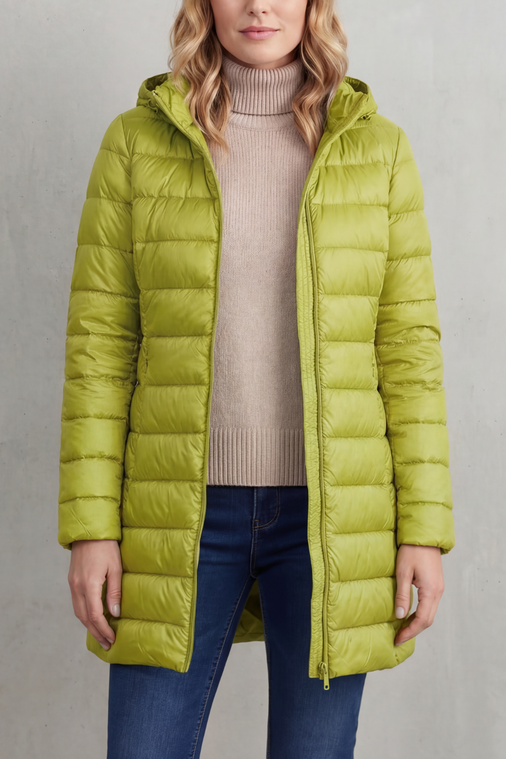 Woman wearing a stylish, lightweight hooded puffer jacket. Ultra-warm & packable for comfortable winter fashion.