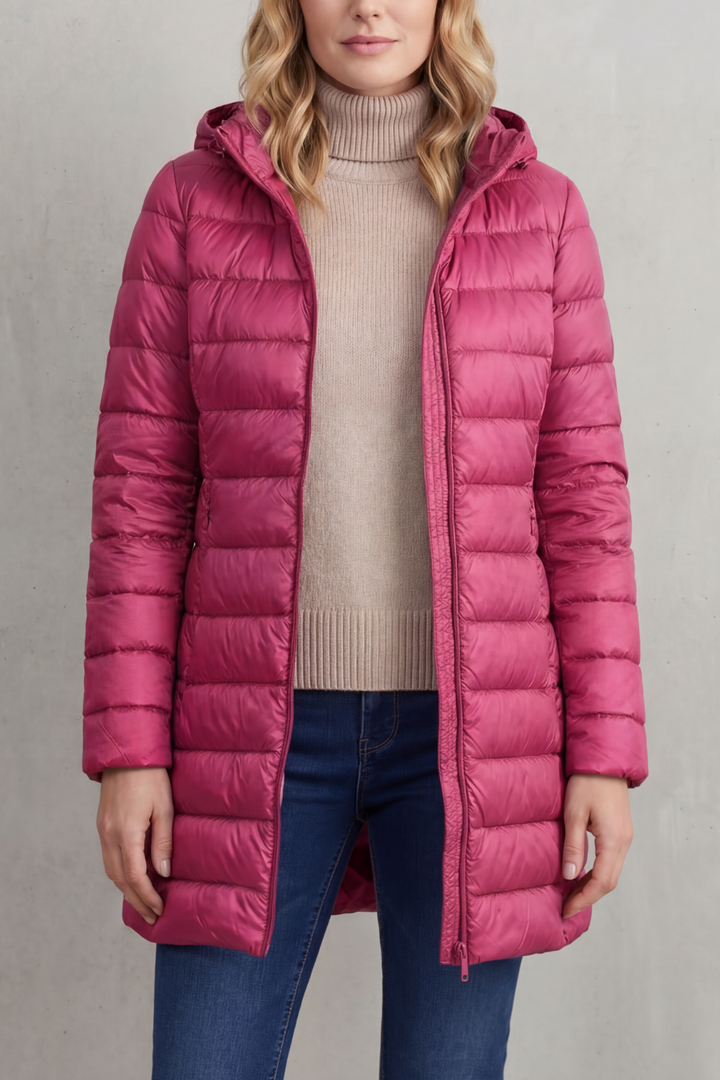 Winter fashion women's hooded puffer. Ultra-warm, packable lightweight jacket for cold weather comfort & style.