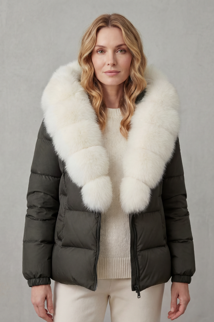 Modern women's puffer jacket, quilted texture, warm and lightweight, chic fashion.